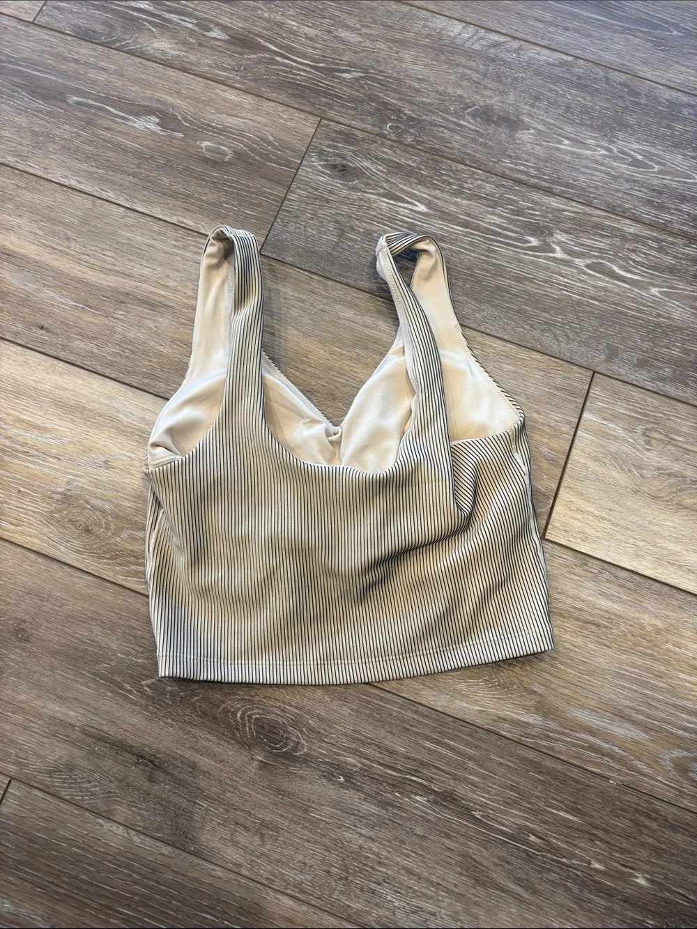 aerie Striped Ruched V-Neck Crop Tank - Beige & White